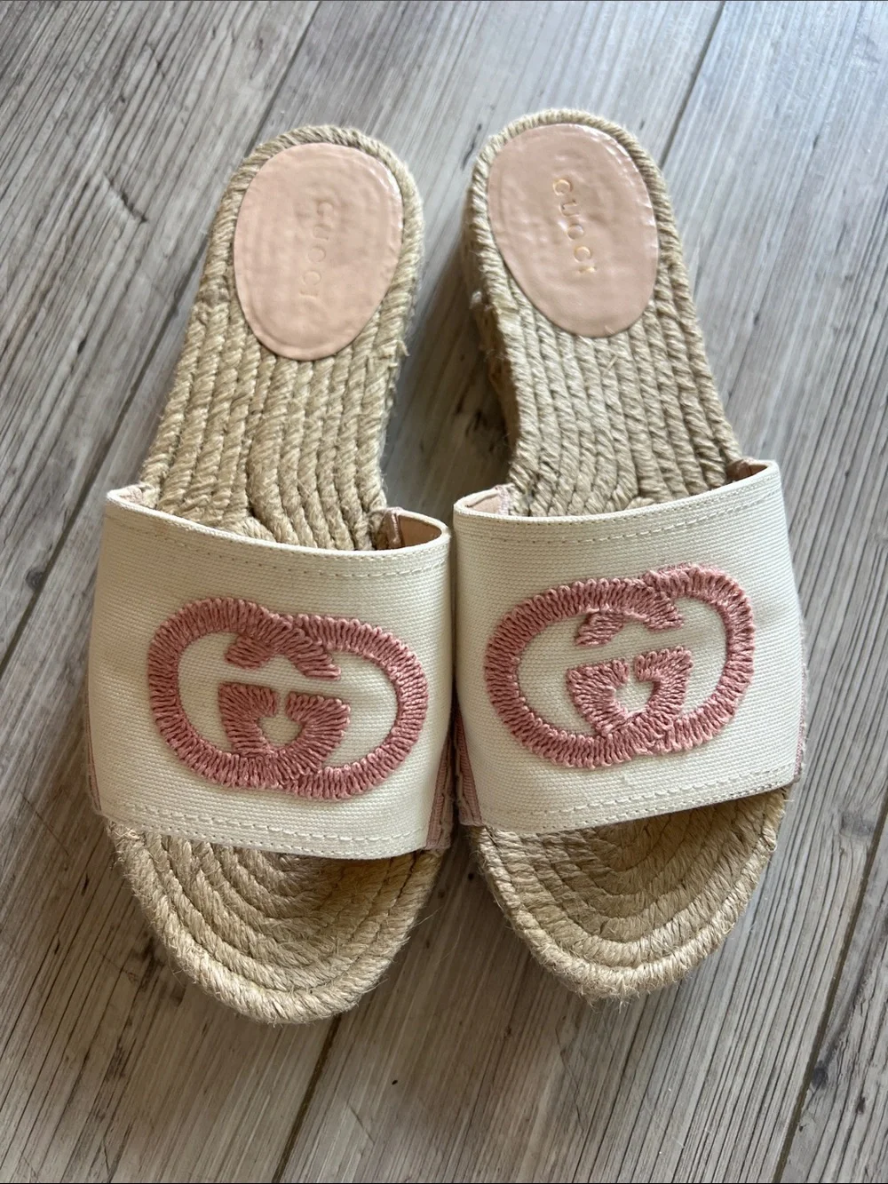 Authentic Gucci slides espadrilles pink white canvas logo shoes sandals 36 1/2
